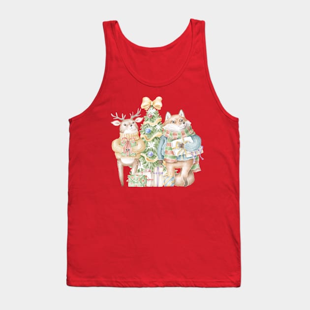 cute fox and deer with presents in front of christmas tree Tank Top by waltzart